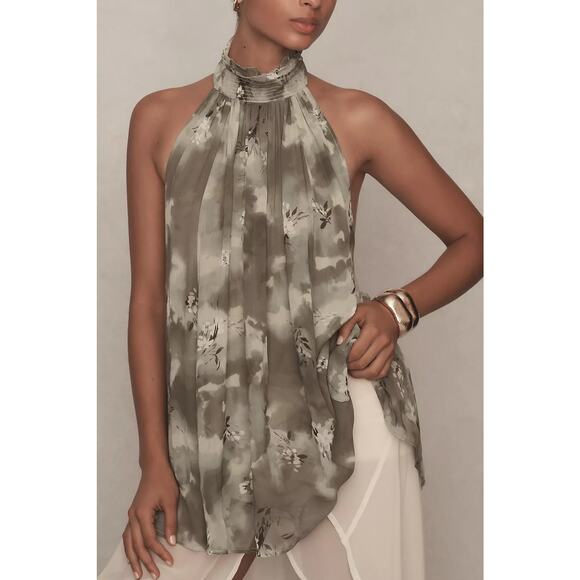 Anthropologie NWT Green Motif Halter Tank Top Size M Backless Flowy Blouse - Picture 1 of 12